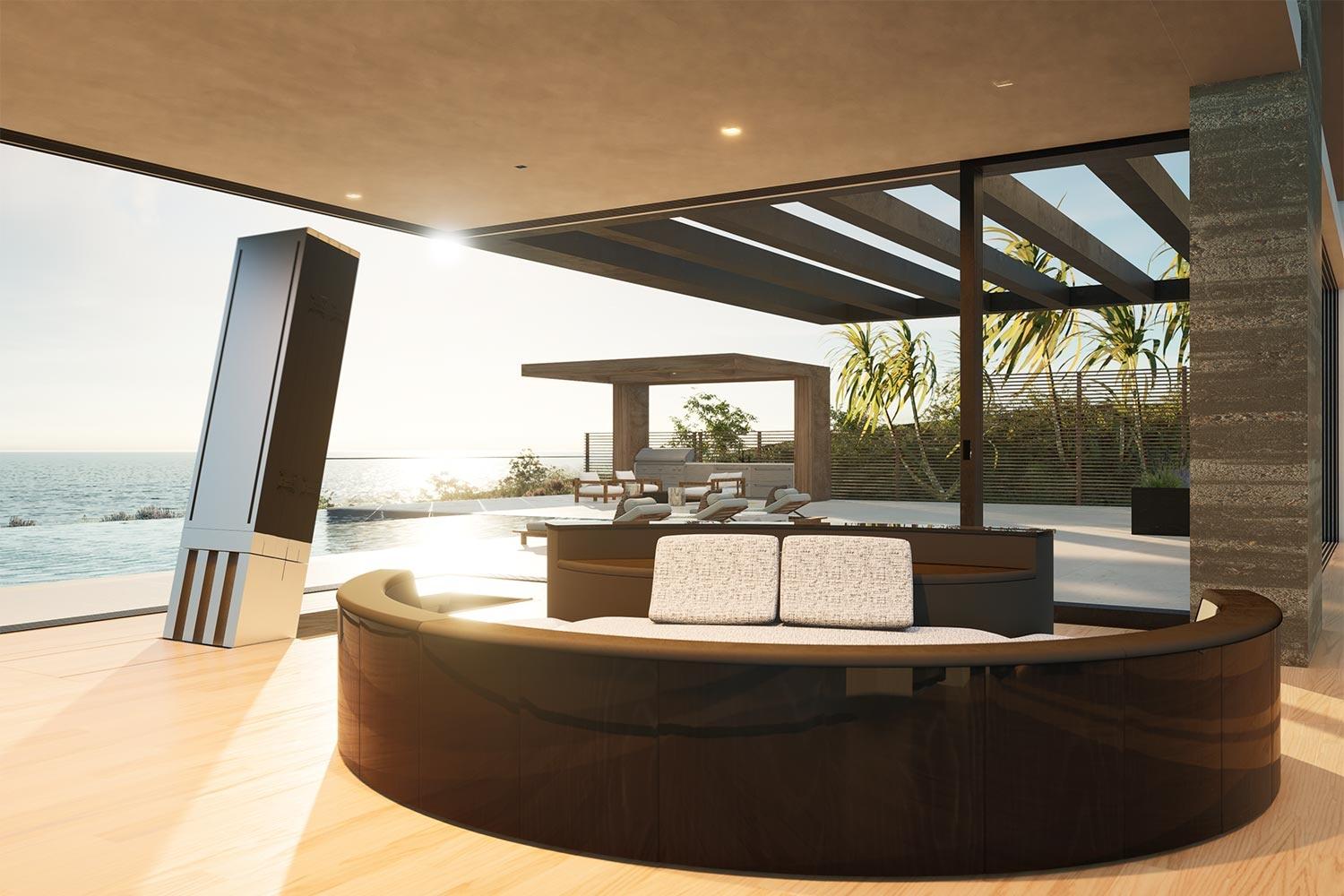 modern living room with big speakers