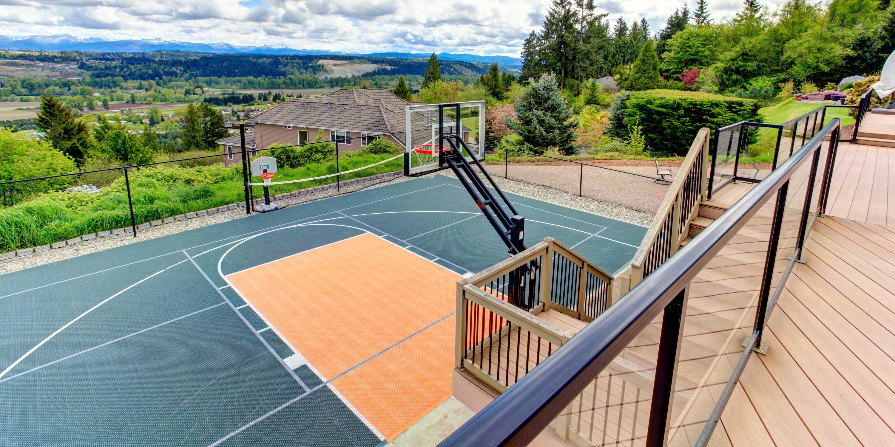 rec area in backyard with a mountain view